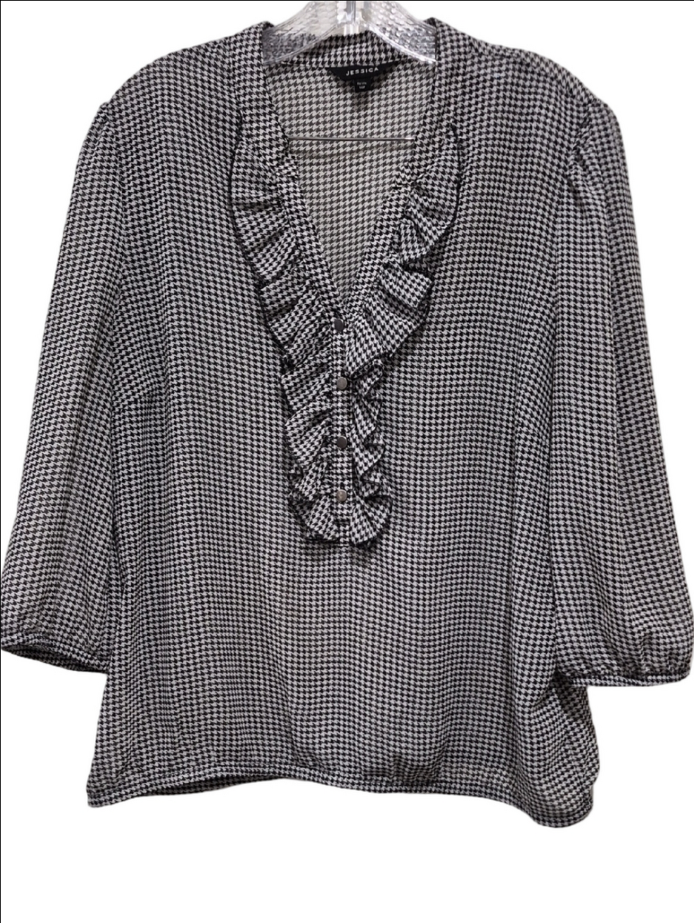 Jessica Black & White Houndstooth Ruffle V-Neck Blouse